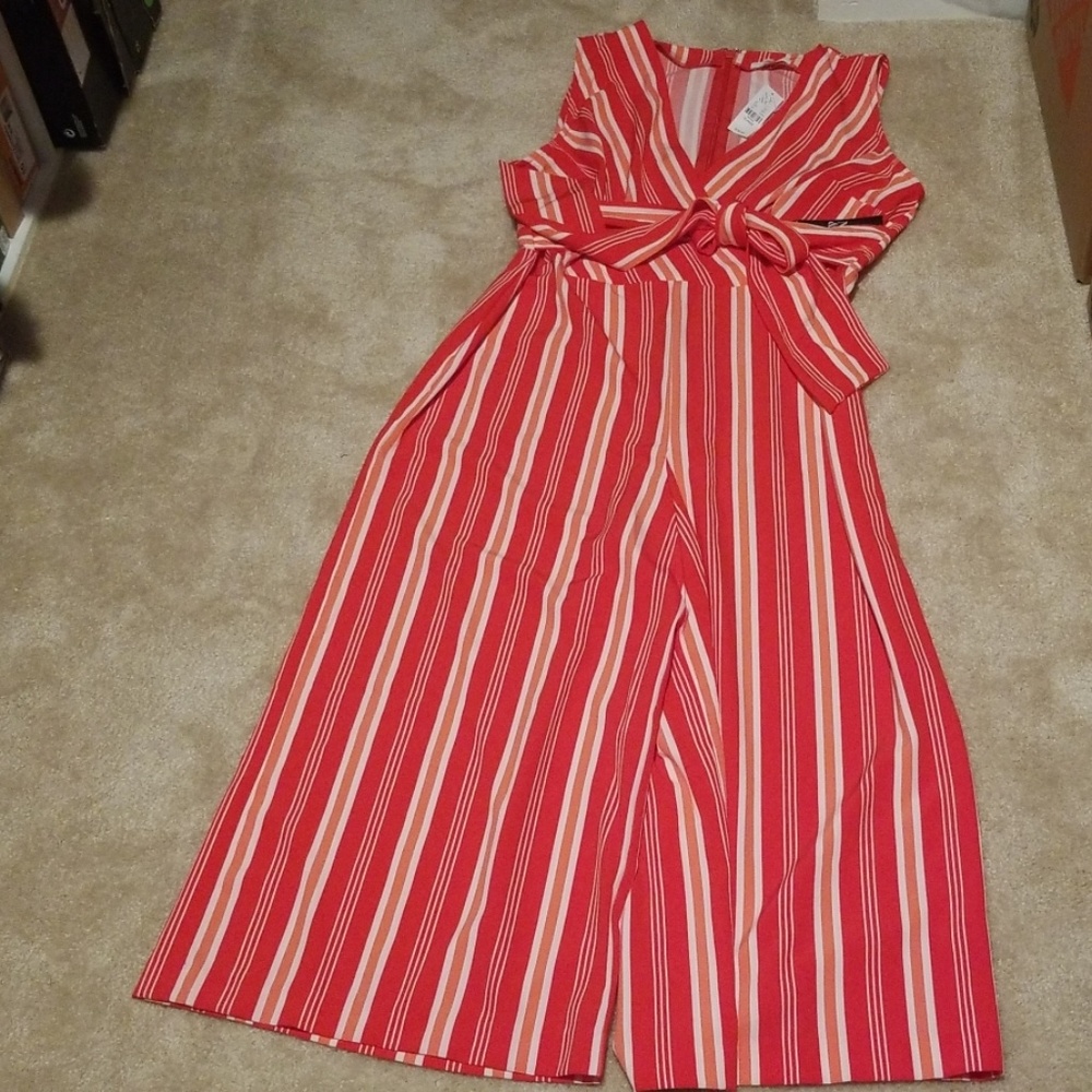 New york and company striped jumpsuit tie waist